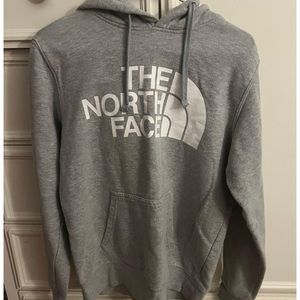 grey north face hooded sweatshirt